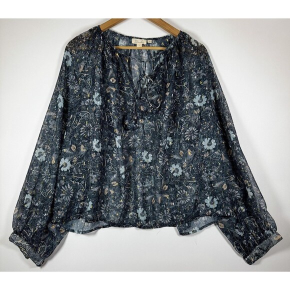 Let Me Be Anthropologie Blouse Large Floral Metallic Sheer Long Sleeve Boho Top - Picture 1 of 15